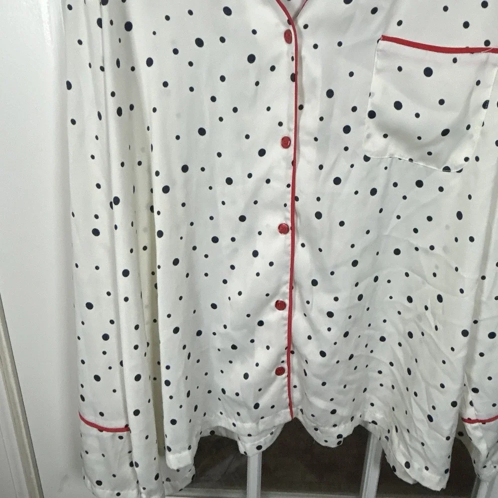 Summersalt‎ Polka Dot Satin Pajama Set White Navy Pink Piping 2XL Loungewear